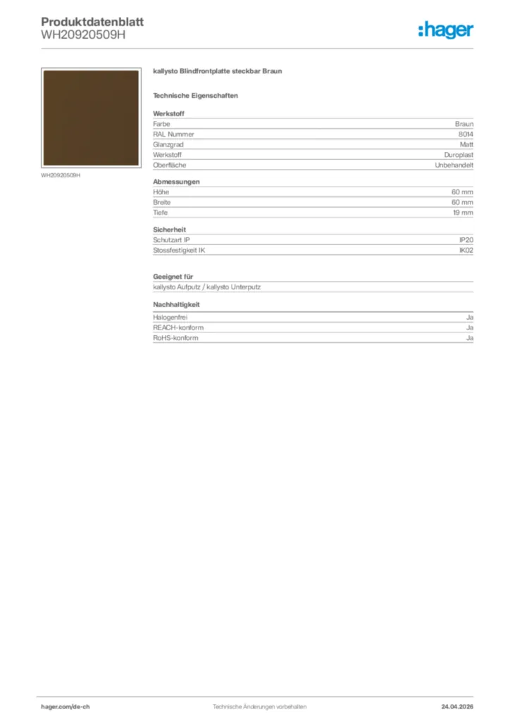 Bild Hager Produktdatenblatt WH20920509H | Hager Schweiz