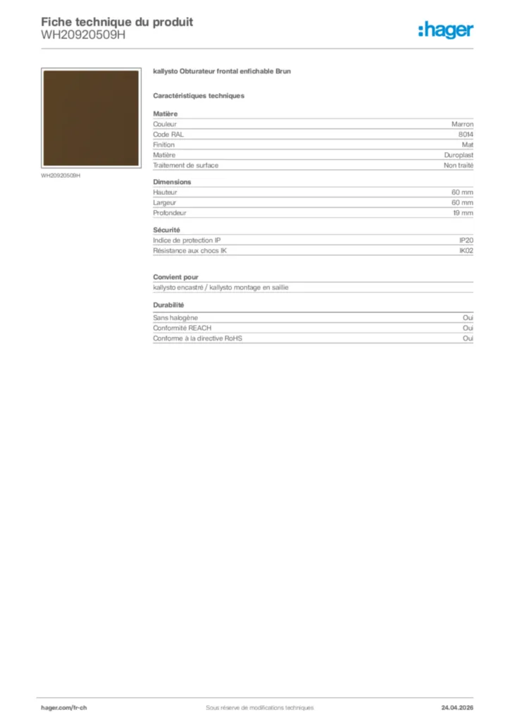 Image Hager Fiche technique du produit WH20920509H | Hager Suisse