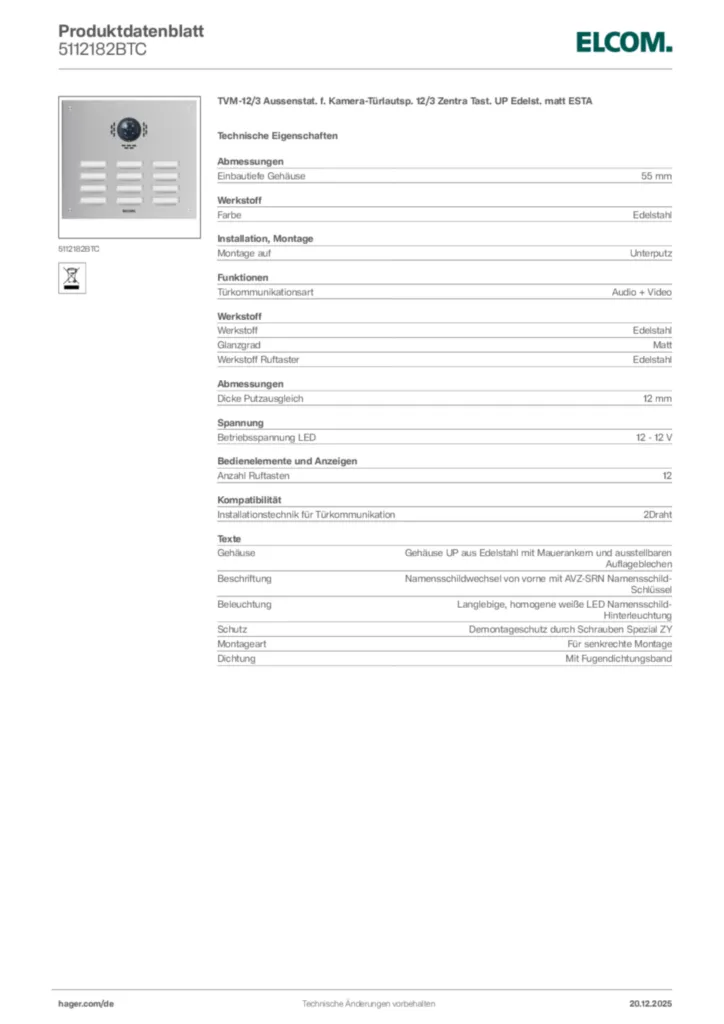 Bild Elcom Produktdatenblatt 5112182BTC | Hager Deutschland