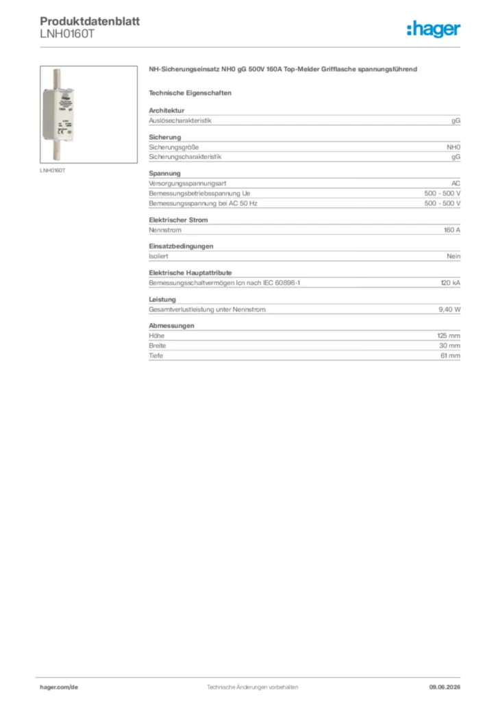 Bild Hager Produktdatenblatt LNH0160T | Hager Deutschland