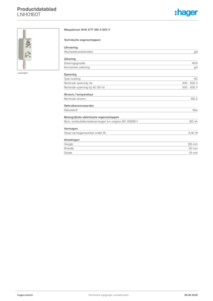 Afbeelding Hager Productdatablad LNH0160T | Hager Nederland