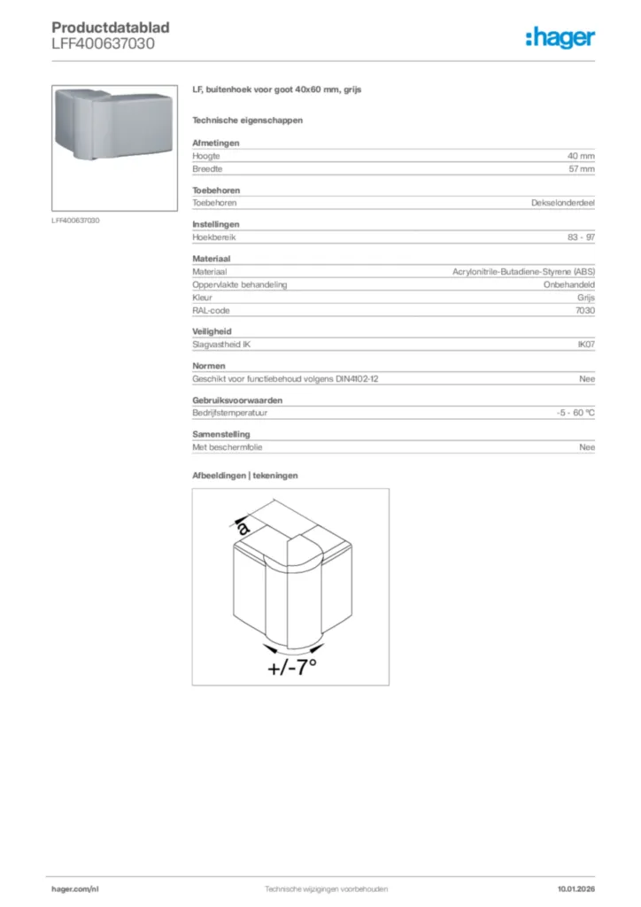 Afbeelding Hager Productdatablad LFF400637030 | Hager Nederland