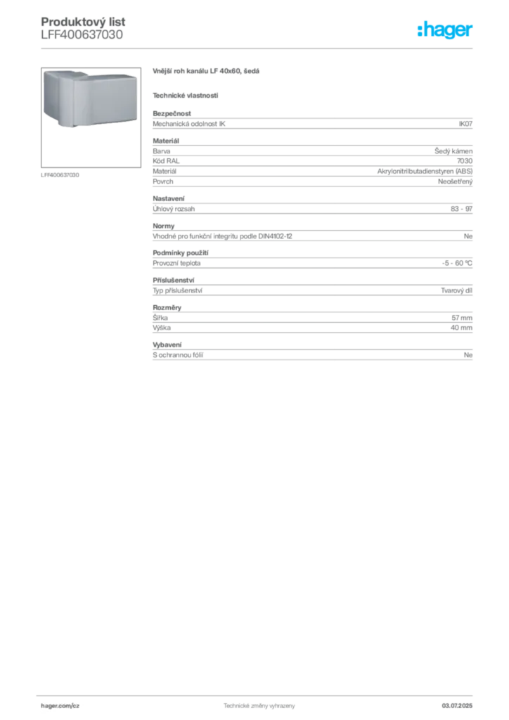 Obrázek Hager Produktový list LFF400637030 | Hager
