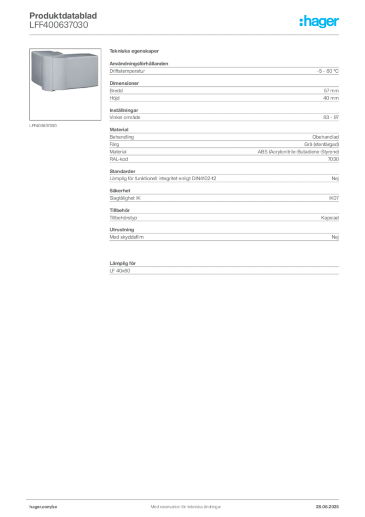 Bild Hager Produktdatablad LFF400637030 | Hager Sverige