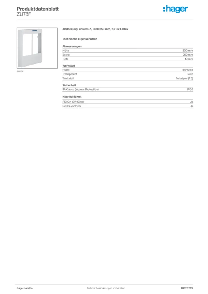 Bild Hager Produktdatenblatt ZU78F | Hager Deutschland