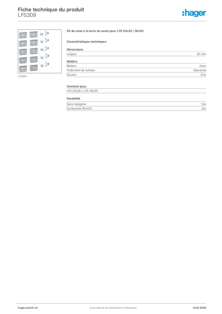 Image Hager Fiche technique du produit LFS309 | Hager Suisse