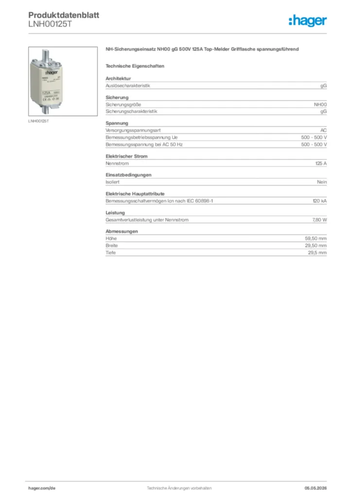 Bild Hager Produktdatenblatt LNH00125T | Hager Deutschland