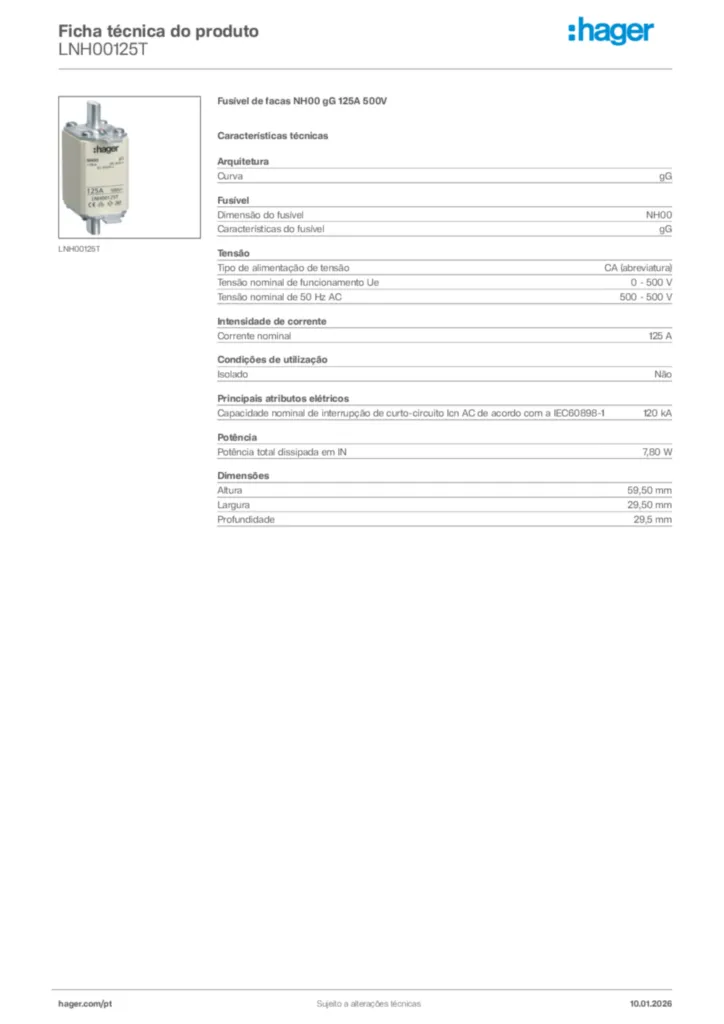 Imagem Hager Ficha técnica do produto LNH00125T | Hager Portugal