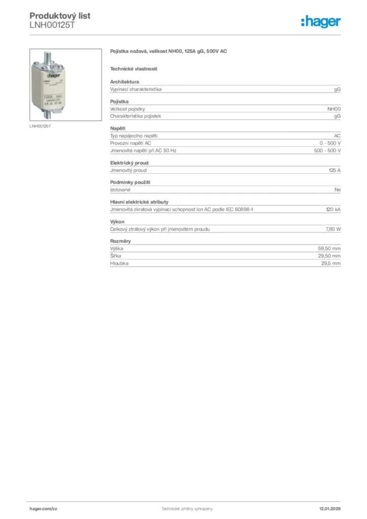 Obrázek Hager Product data sheet LNH00125T | Hager