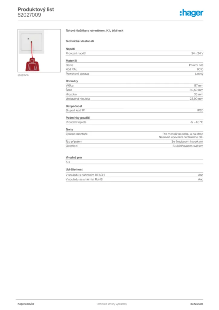 Obrázek Hager Produktový list 52027009 | Hager