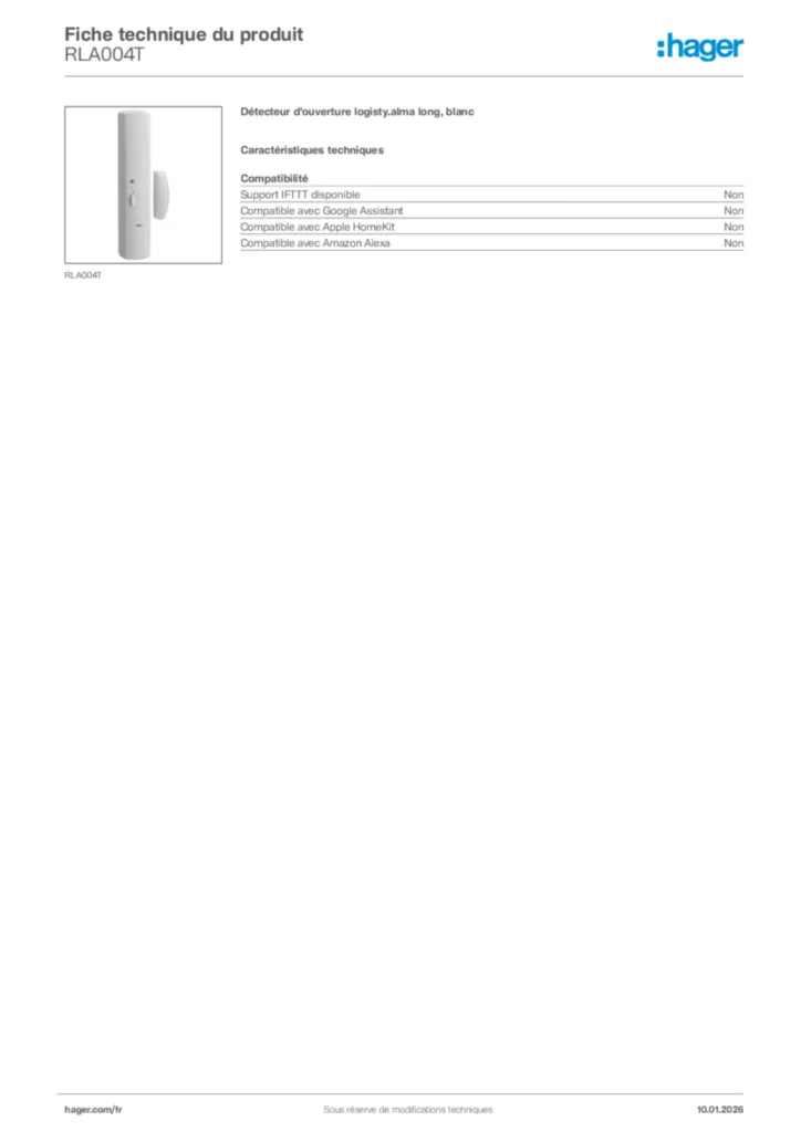 Image Hager Fiche technique du produit RLA004T | Hager France