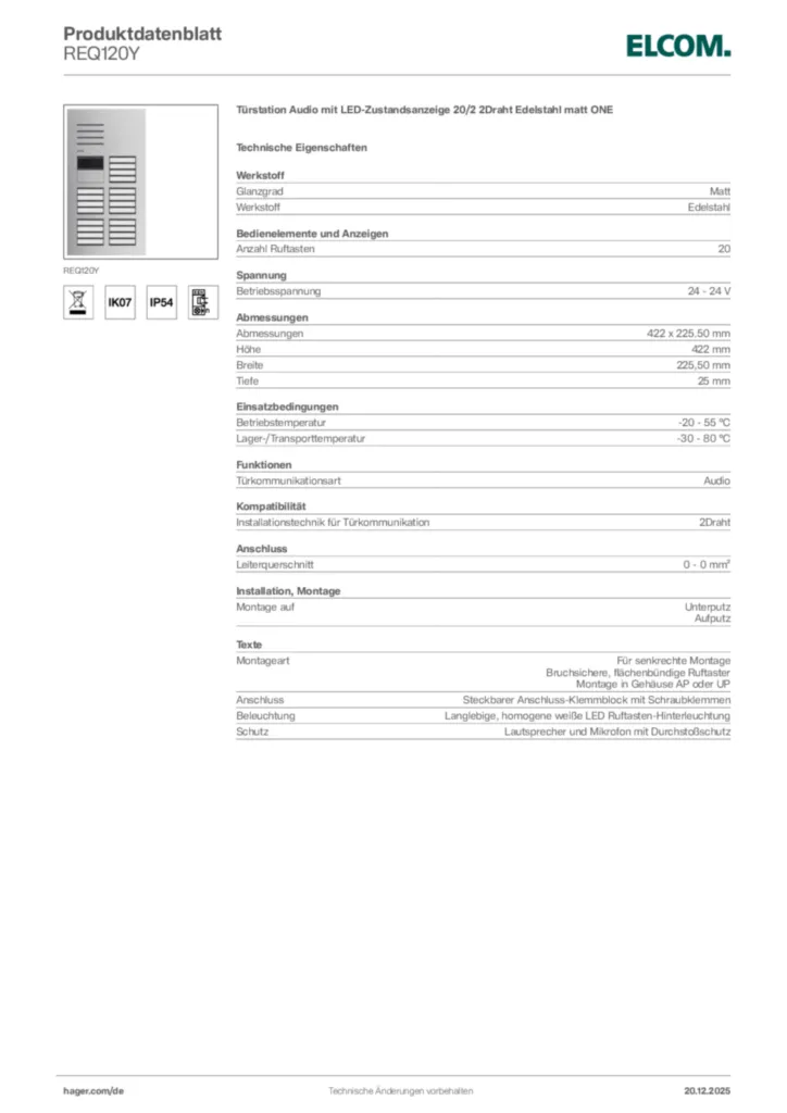 Bild Elcom Produktdatenblatt REQ120Y | Hager Deutschland