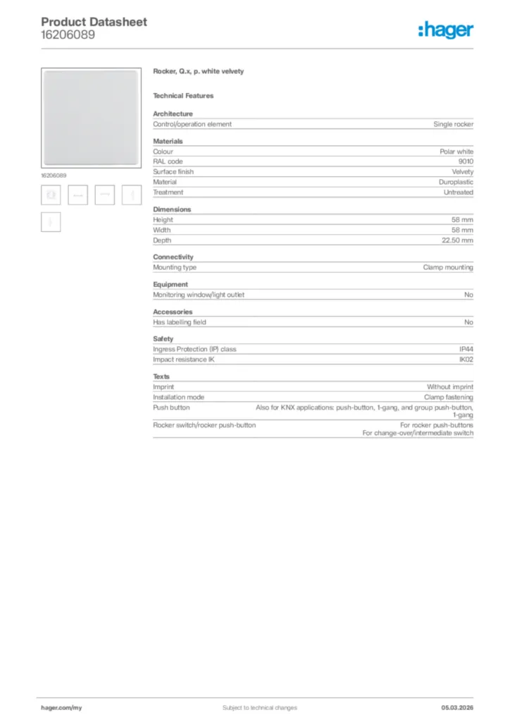 Image Hager Product data sheet 16206089  | Hager