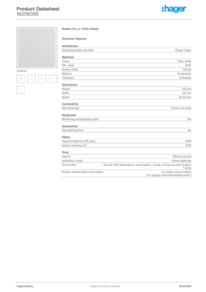 Image Hager Product data sheet 16206089  | Hager