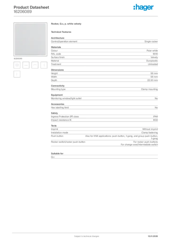 Image Hager Product data sheet 16206089  | Hager