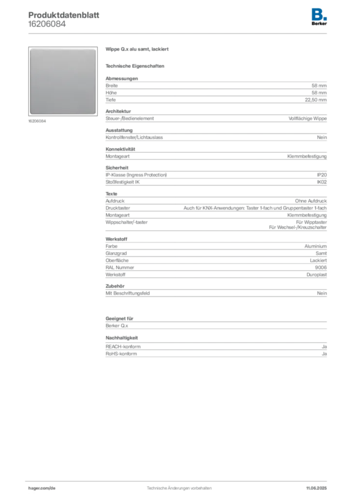 Bild Berker Produktdatenblatt 16206084 | Hager Deutschland