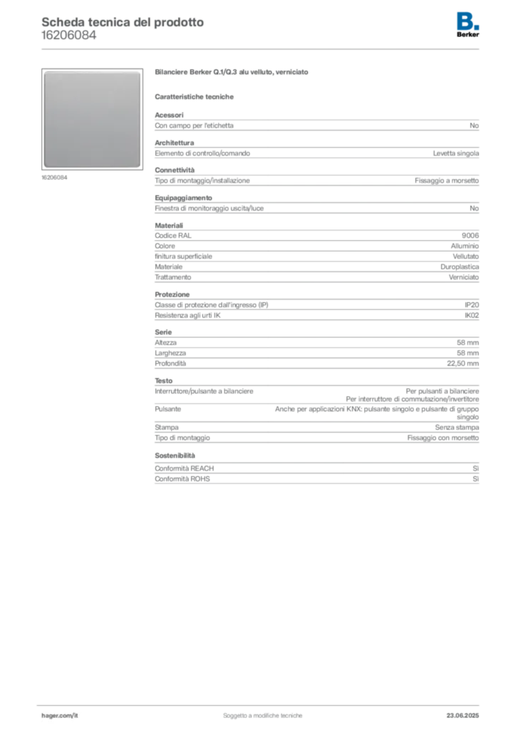 Immagine Berker Scheda tecnica del prodotto 16206084 | Hager Italia