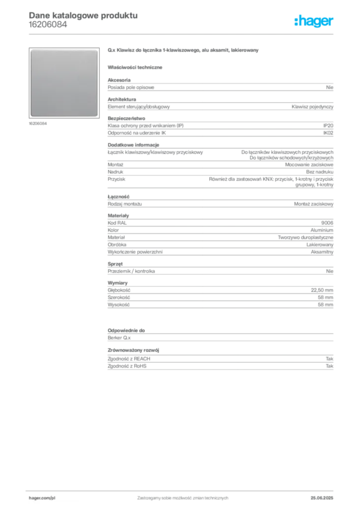 Zdjęcie Hager Karta katalogowa 16206084 | Hager Polska