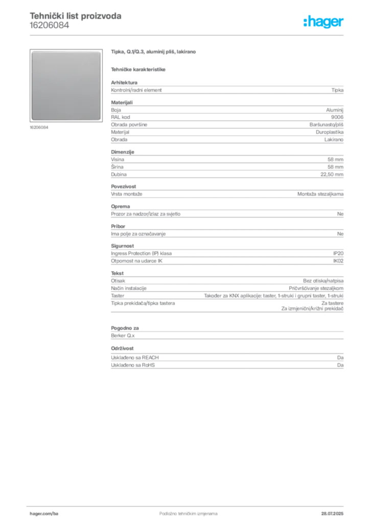 Slika Hager Product data sheet 16206084  | Hager