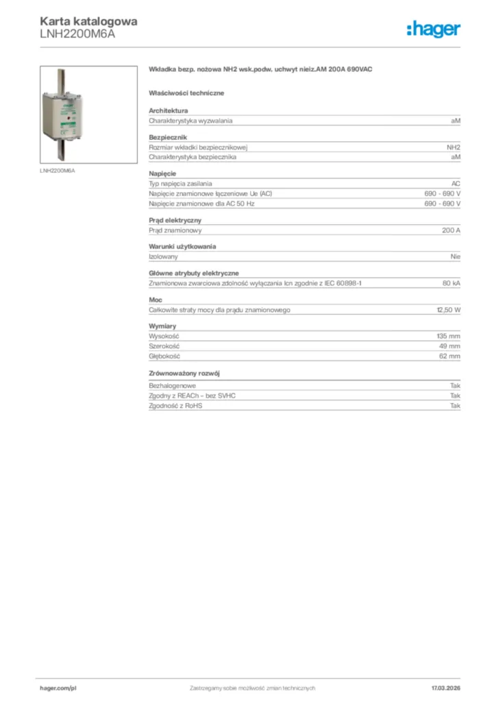 Zdjęcie Hager Karta katalogowa LNH2200M6A | Hager Polska