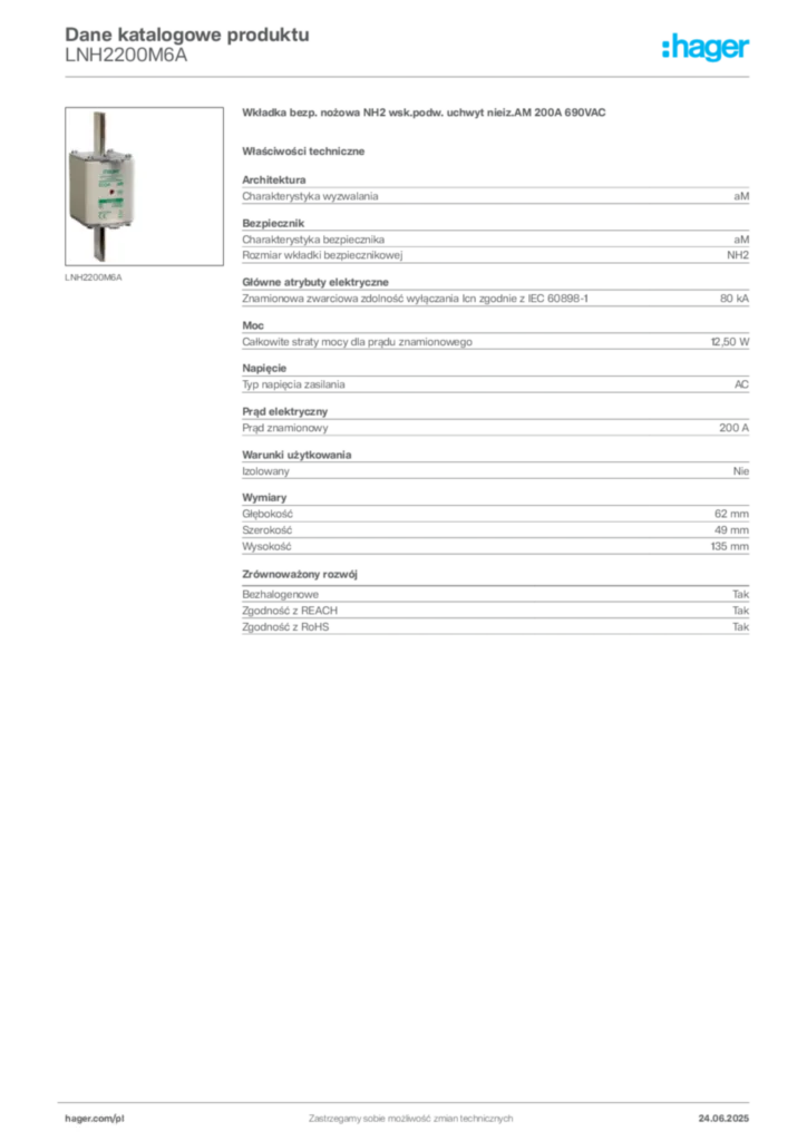Zdjęcie Hager Karta katalogowa LNH2200M6A | Hager Polska