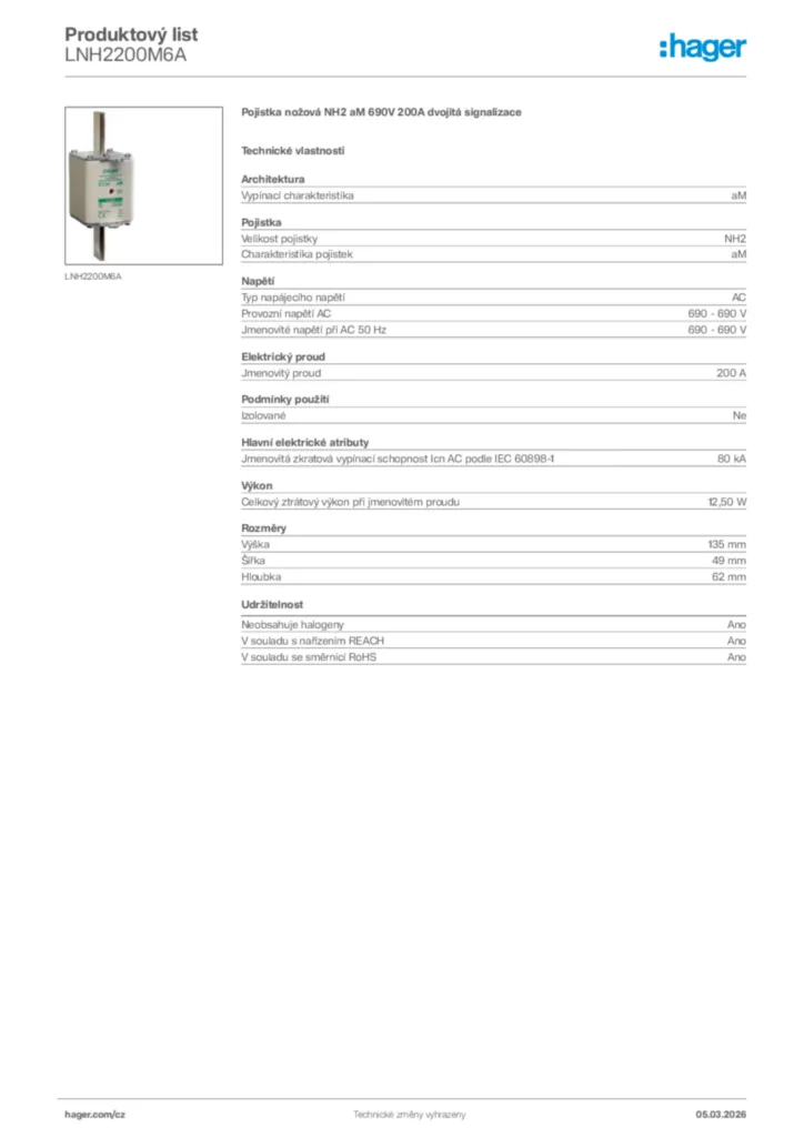 Obrázek Hager Product data sheet LNH2200M6A | Hager