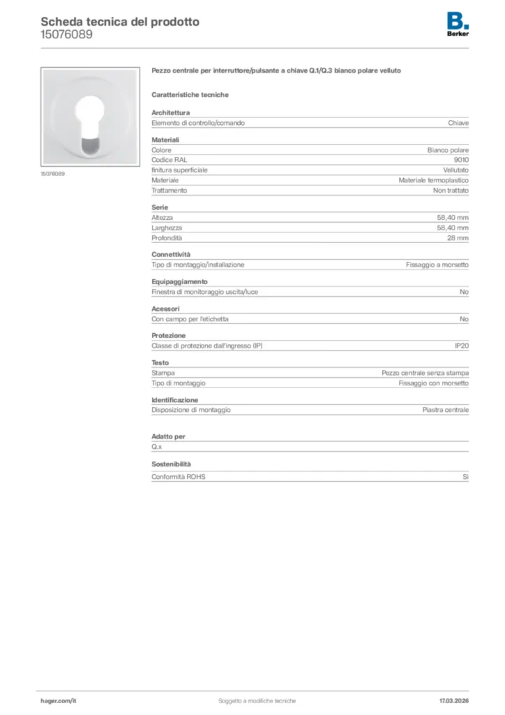 Immagine Berker Scheda tecnica del prodotto 15076089 | Hager Italia