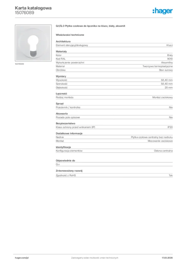 Zdjęcie Hager Karta katalogowa 15076089 | Hager Polska