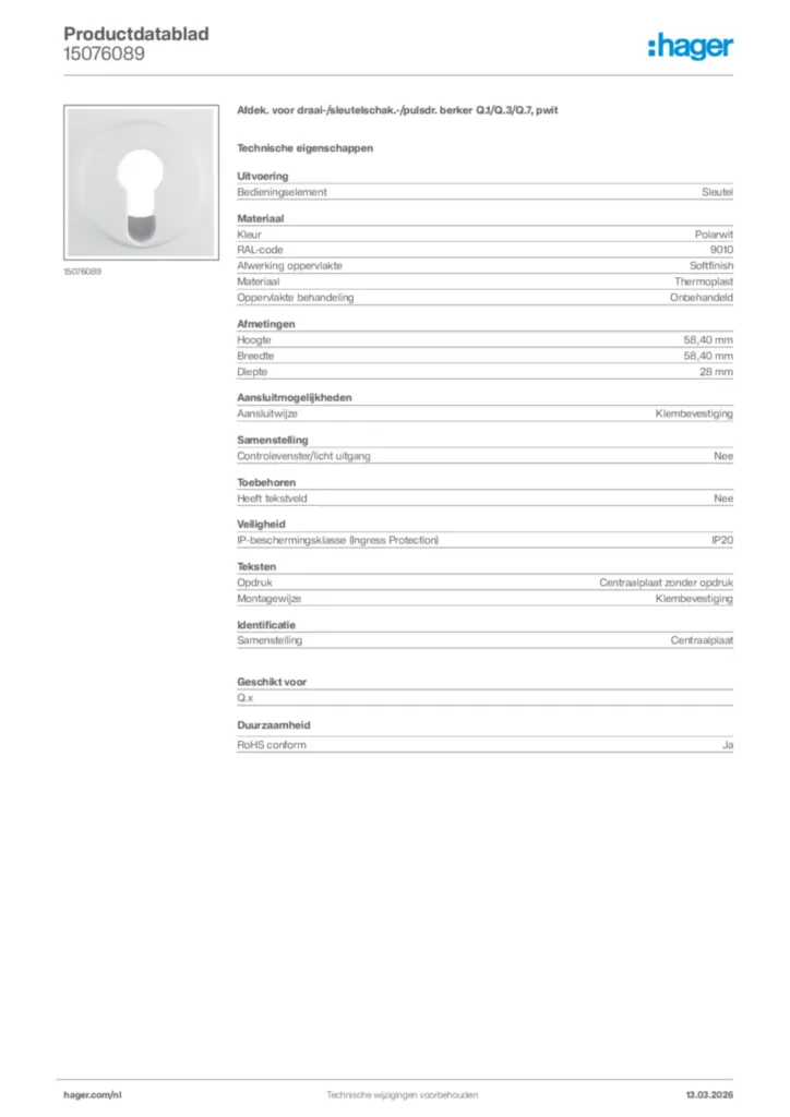 Afbeelding Hager Productdatablad 15076089 | Hager Nederland