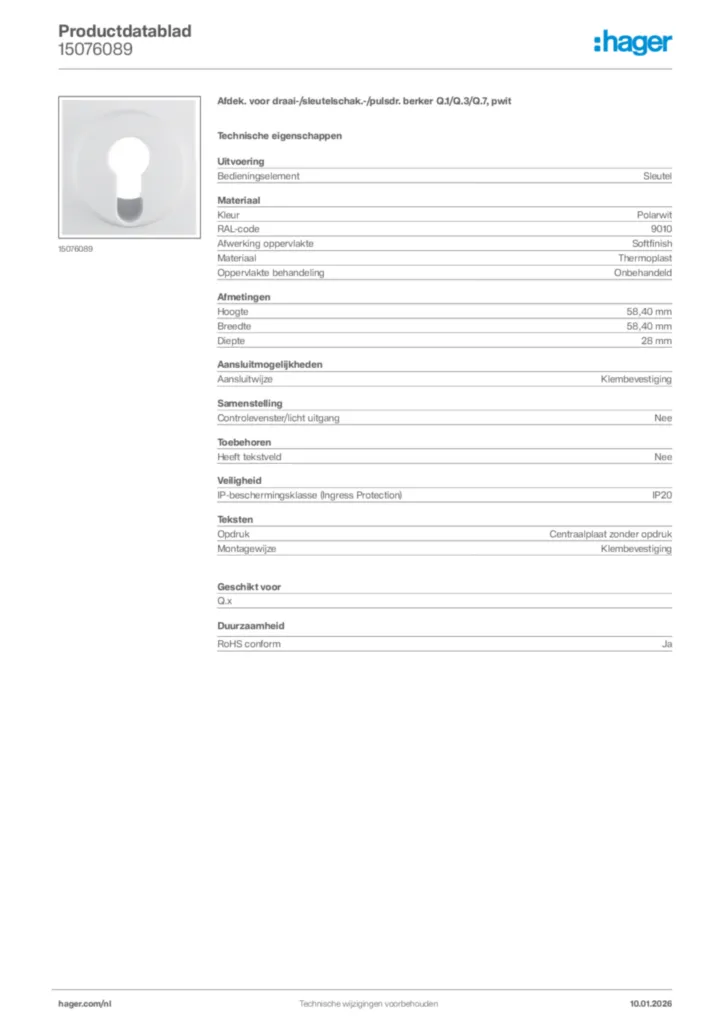 Afbeelding Hager Productdatablad 15076089 | Hager Nederland