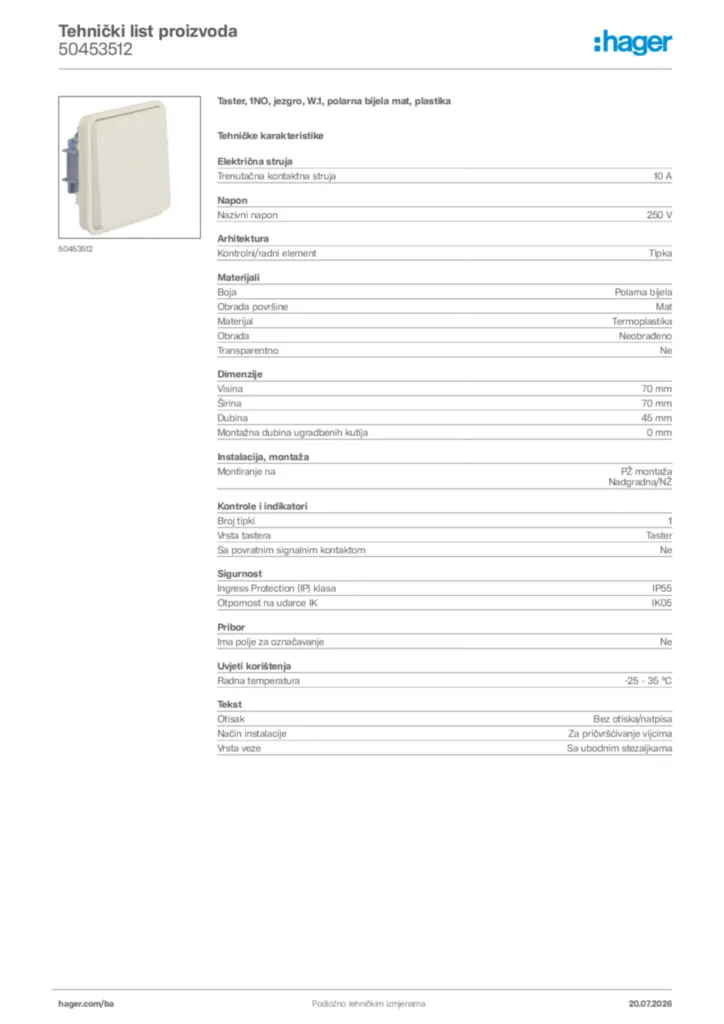 Slika Hager Tehnički list proizvoda 50453512  | Hager