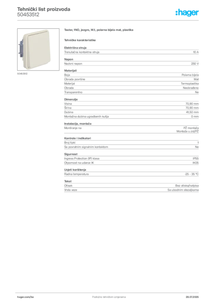 Slika Hager Product data sheet 50453512  | Hager