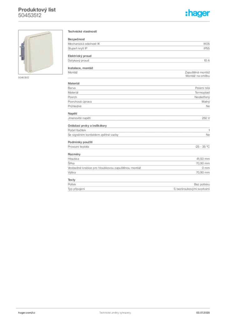 Obrázek Hager Product data sheet 50453512 | Hager