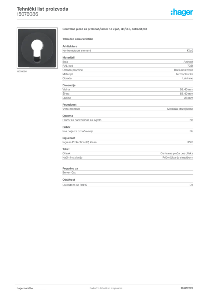 Slika Hager Product data sheet 15076086  | Hager