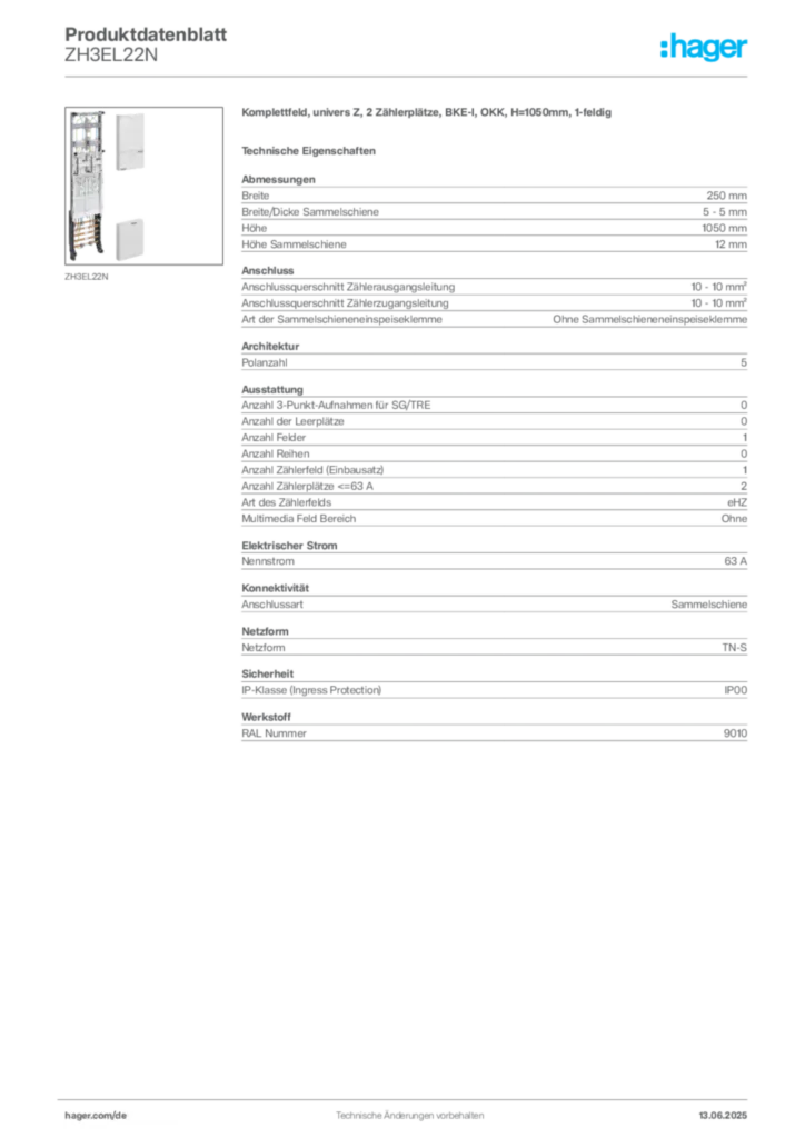 Bild Hager Produktdatenblatt ZH3EL22N | Hager Deutschland