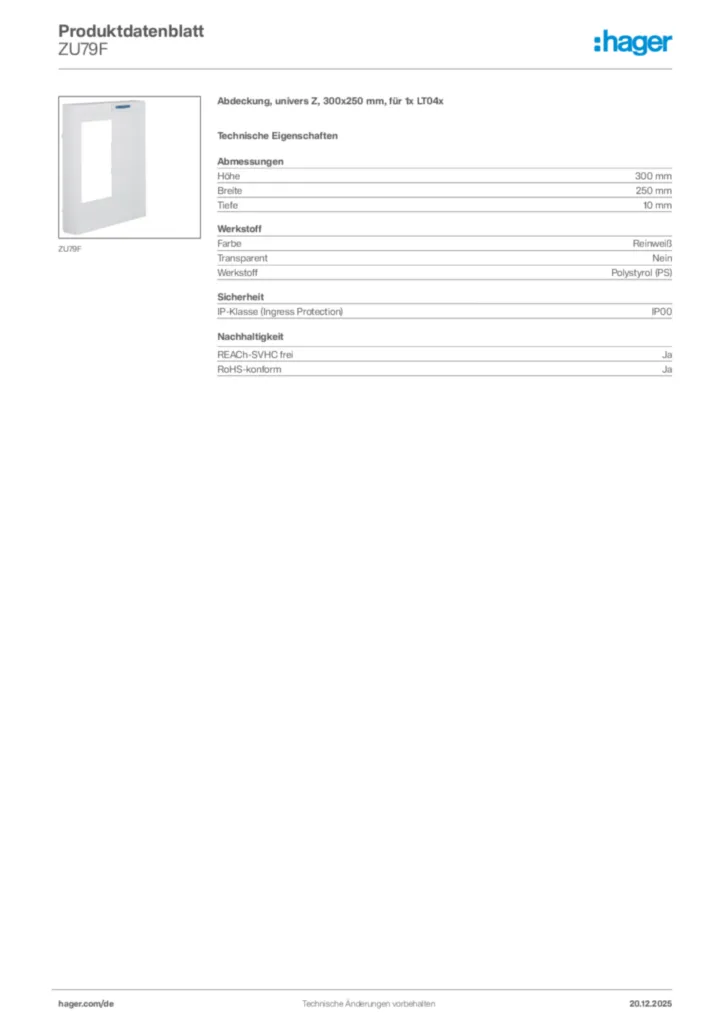 Bild Hager Produktdatenblatt ZU79F | Hager Deutschland