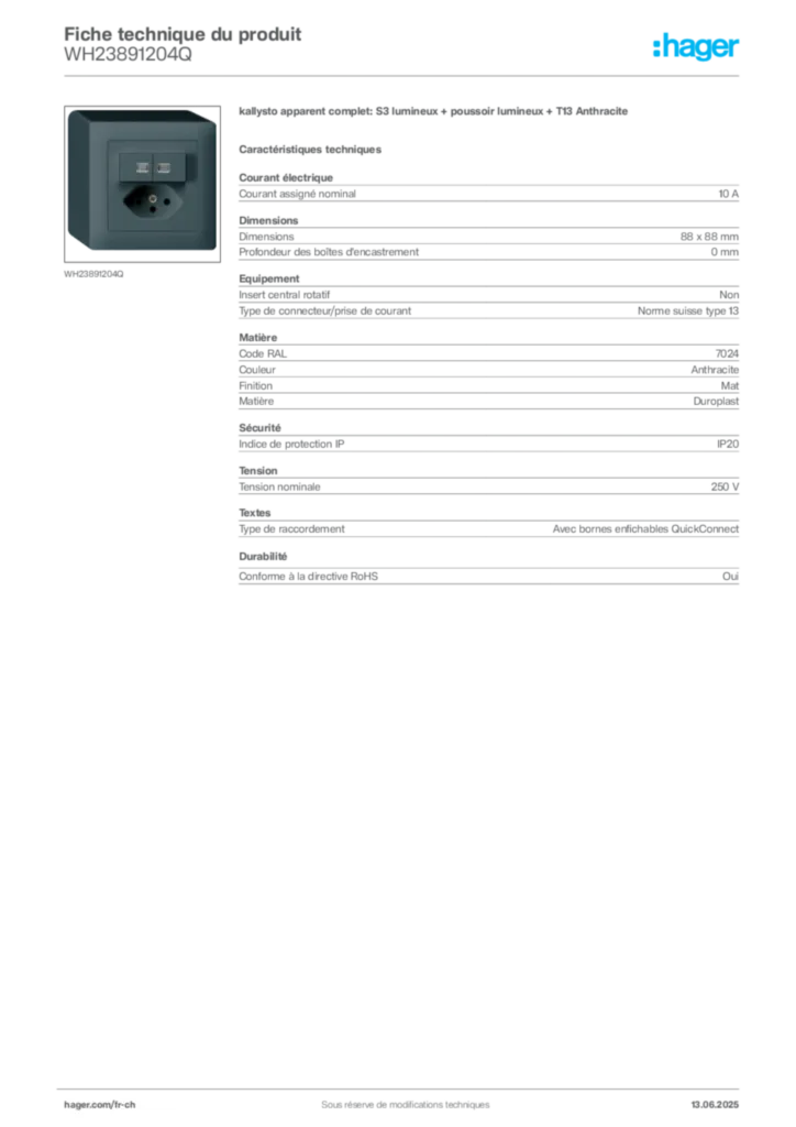 Image Hager Fiche technique du produit WH23891204Q | Hager Suisse