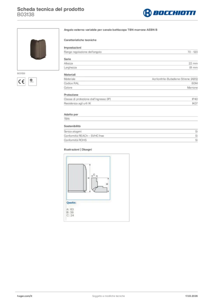 Immagine Bocchiotti Scheda tecnica del prodotto B03138 | Hager Italia