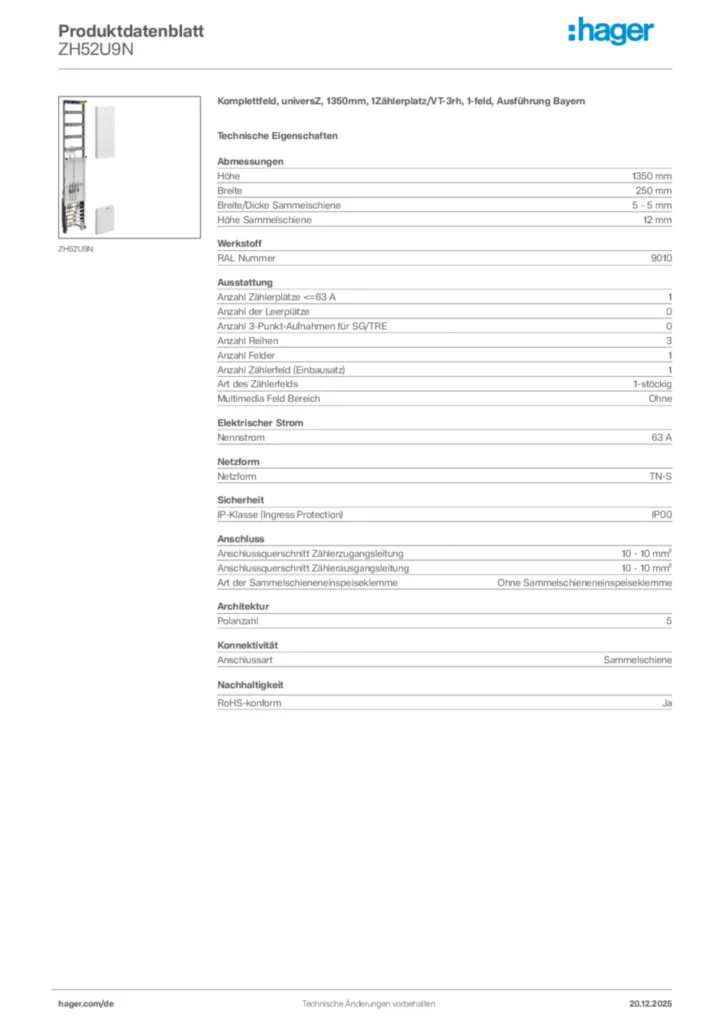 Bild Hager Produktdatenblatt ZH52U9N | Hager Deutschland
