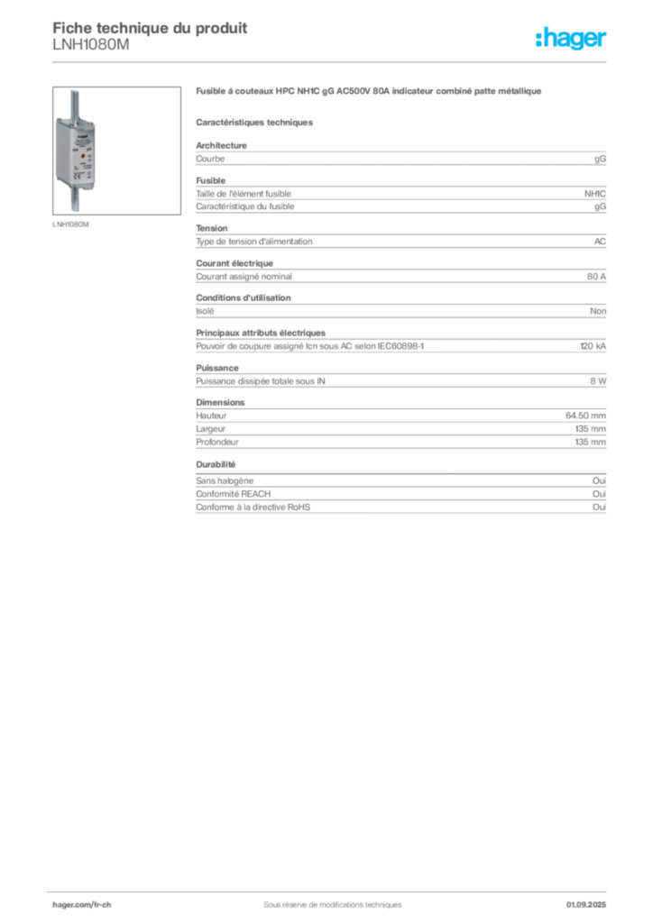 Image Hager Fiche technique du produit LNH1080M | Hager Suisse