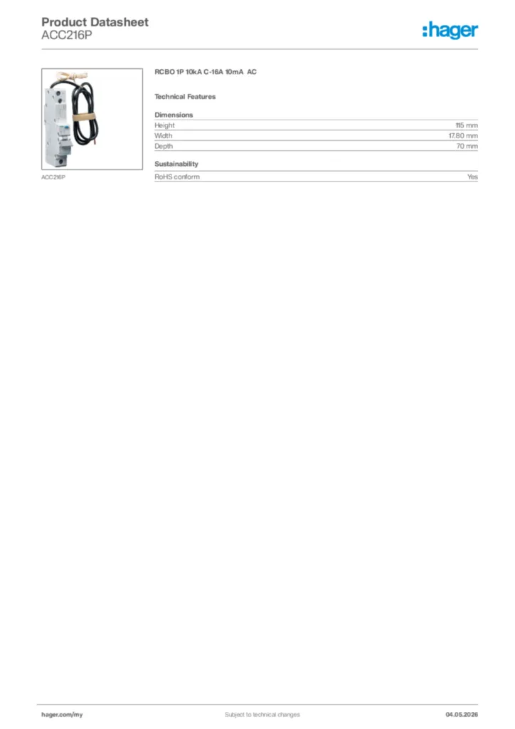 Image Hager Product data sheet ACC216P  | Hager