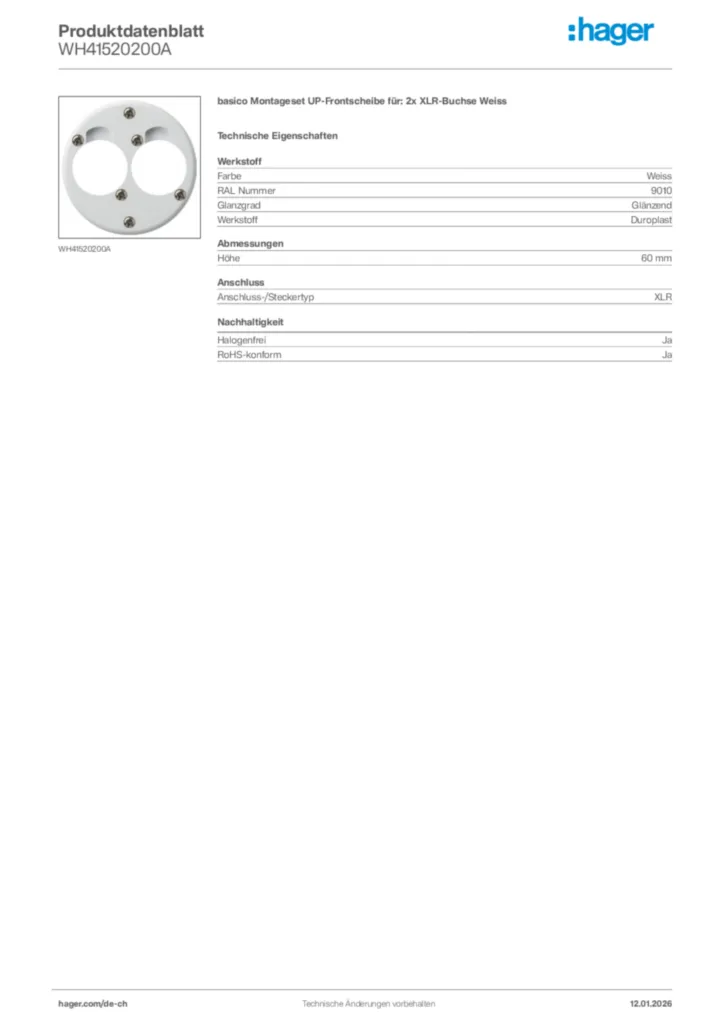 Bild Hager Produktdatenblatt WH41520200A | Hager Schweiz