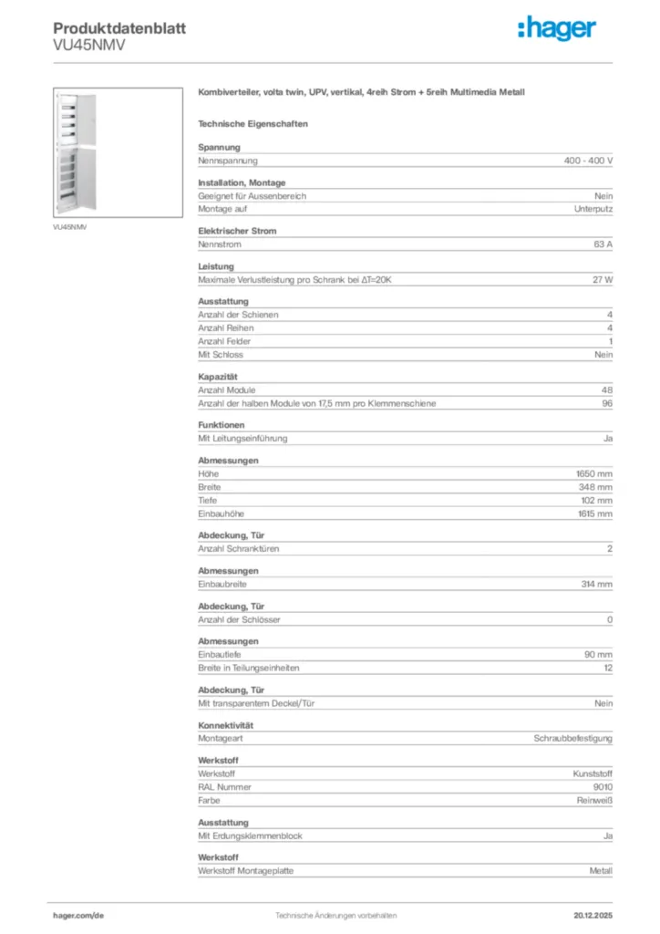 Bild Hager Produktdatenblatt VU45NMV | Hager Deutschland