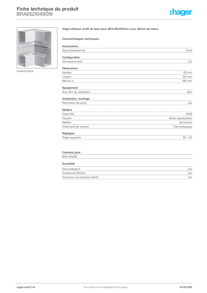 Image Hager Fiche technique du produit BRA6521049016 | Hager Suisse