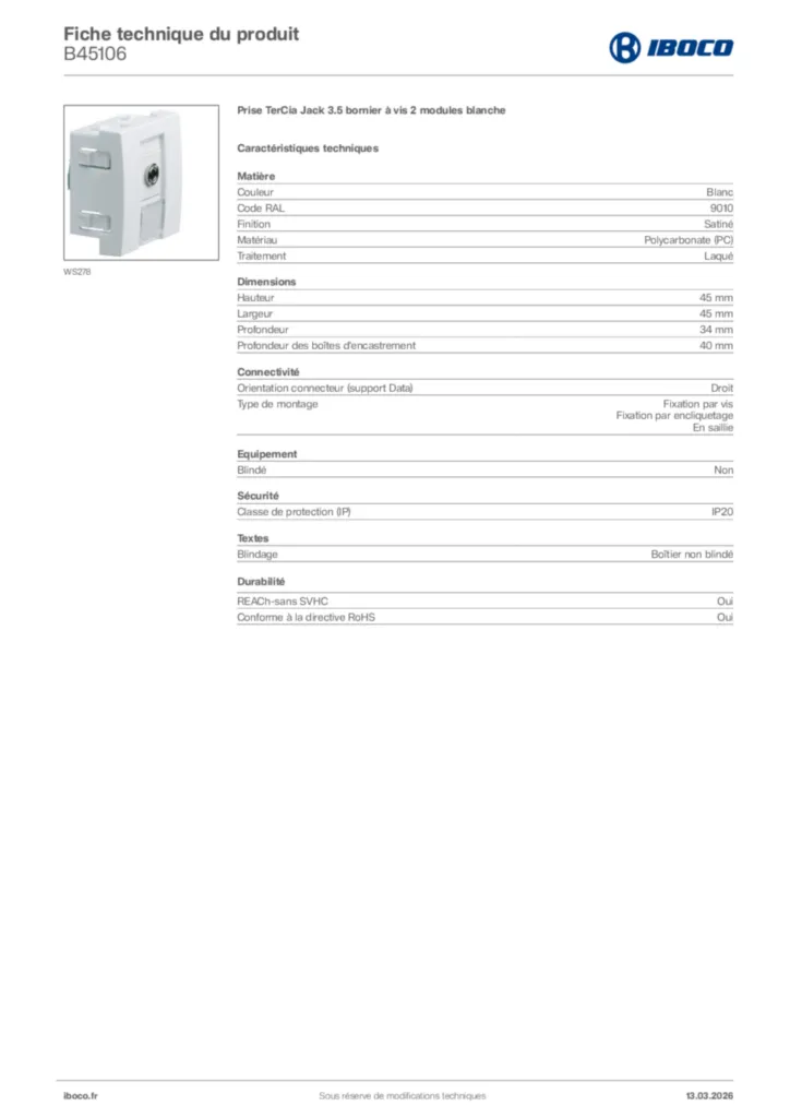 Image Iboco Fiche technique du produit B45106 | Hager France