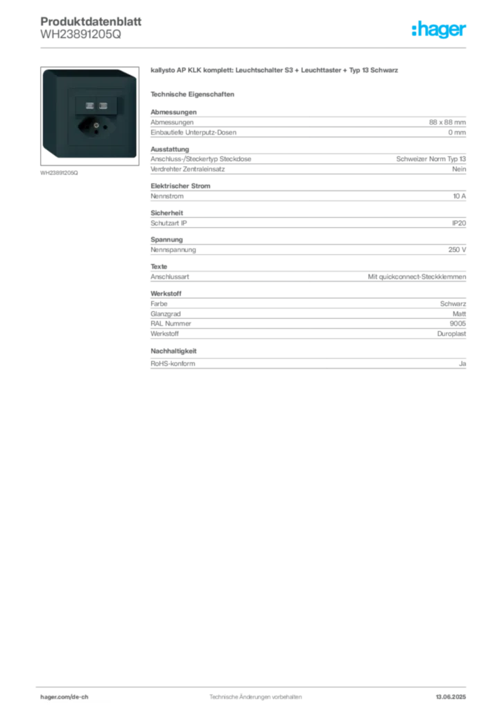 Bild Hager Produktdatenblatt WH23891205Q | Hager Schweiz