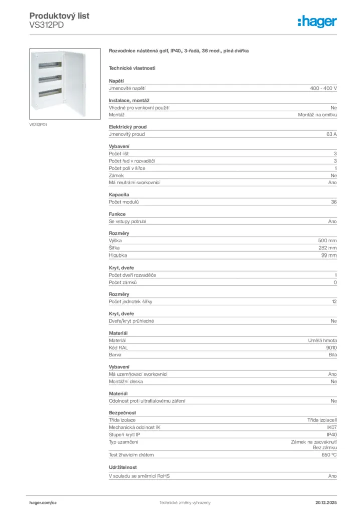 Obrázek Hager Produktový list VS312PD | Hager