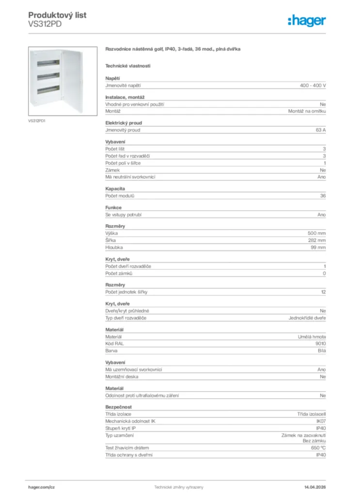 Obrázek Hager Product data sheet VS312PD | Hager