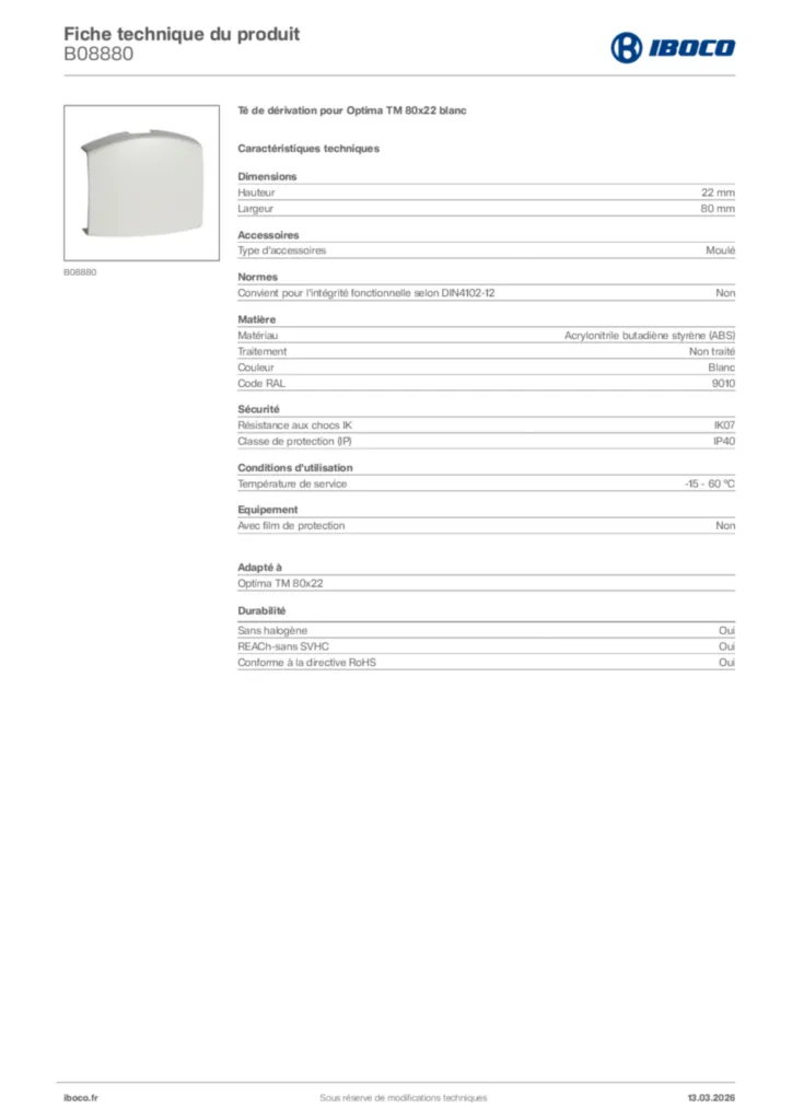 Image Iboco Fiche technique du produit B08880 | Hager France