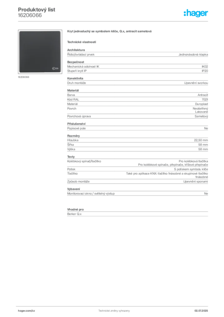Obrázek Hager Produktový list 16206066 | Hager